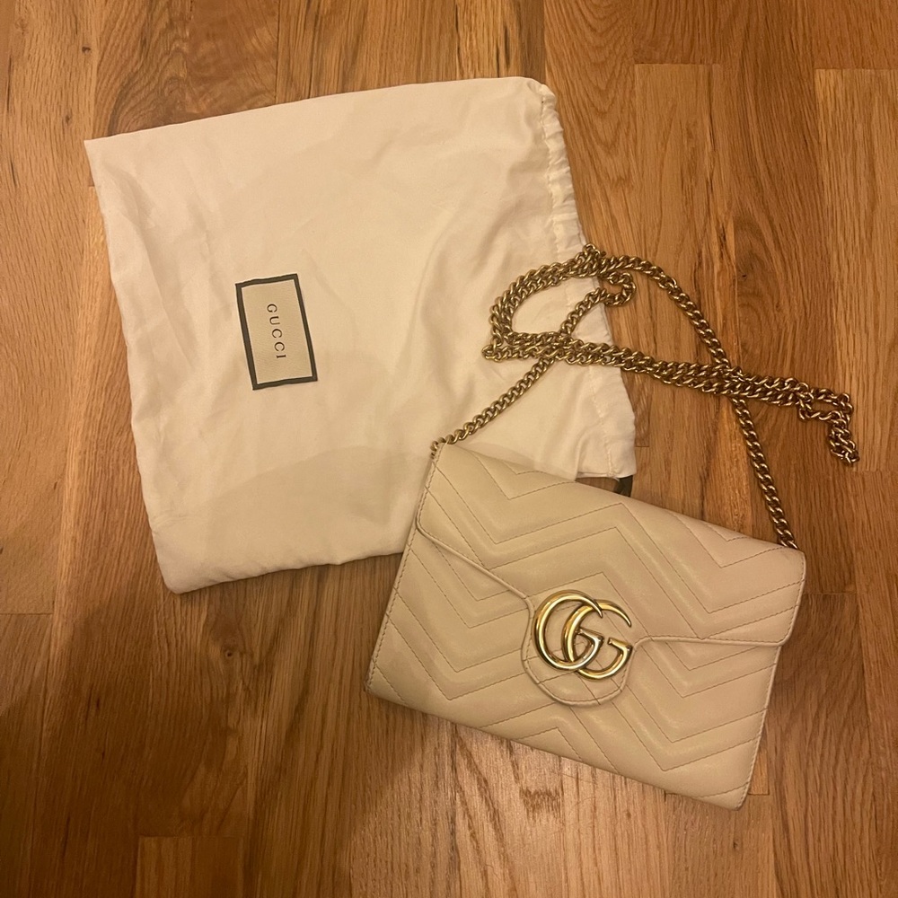 Gucci Marmont Small White Leather Metalasse Shoulder crossbody